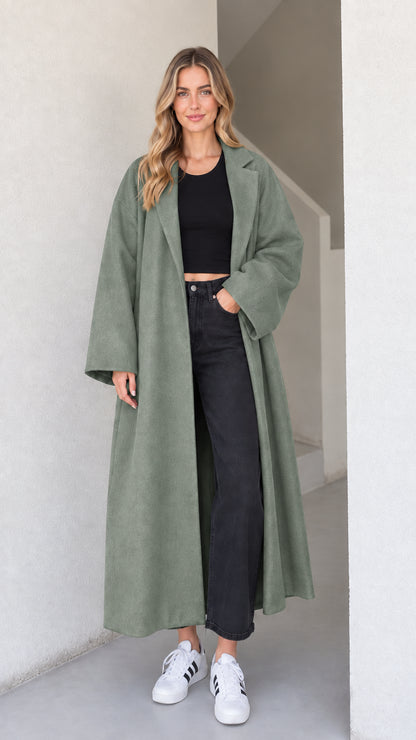 Front view of the women's oversized maxi coat in sage green