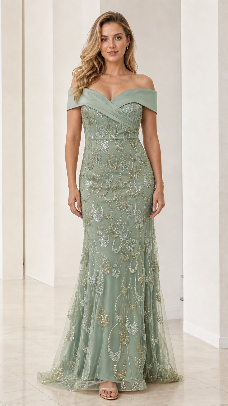 Sage green off-the-shoulder sequin embroidered mermaid evening dress