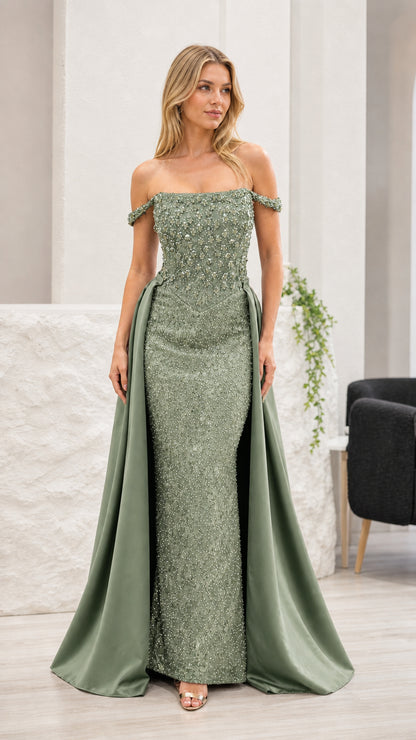 Front view of sage green evening gown variant