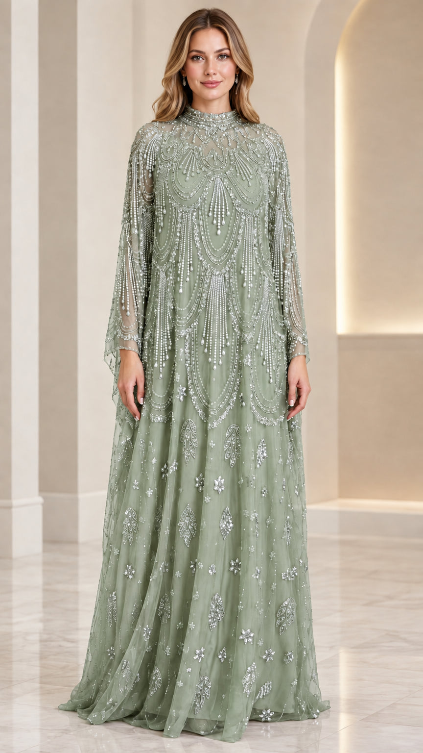 Sage Green embellished mock neck long sleeve maxi evening dress