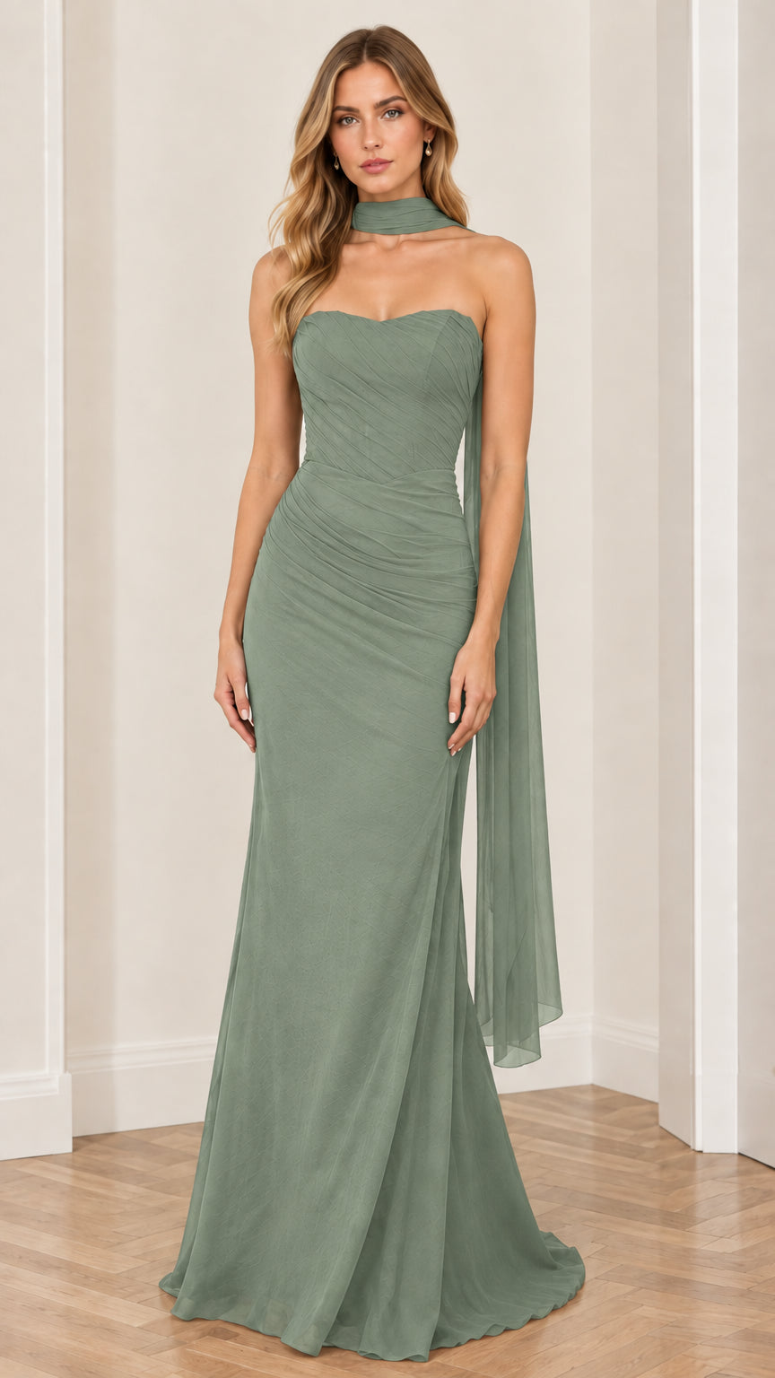 Sage green strapless ruched evening dress with elegant trailing scarf
