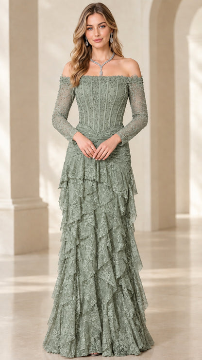Sage Green off-the-shoulder beaded corset tiered lace evening gown