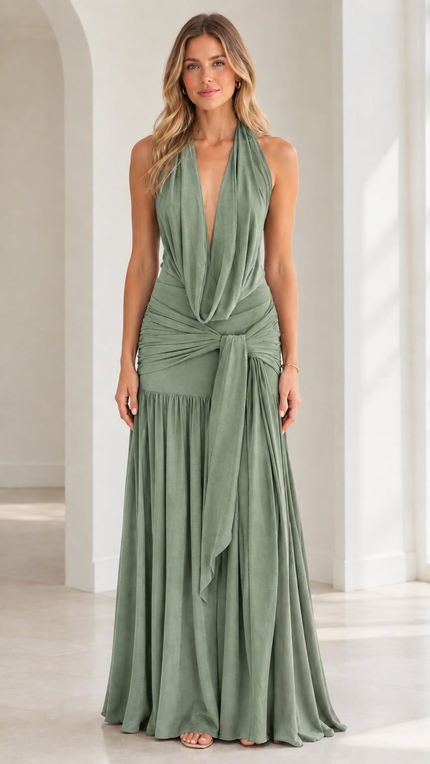 Sage green halter cowl neck maxi dress front view