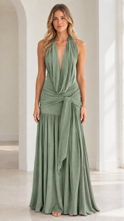 Sage green halter cowl neck maxi dress front view