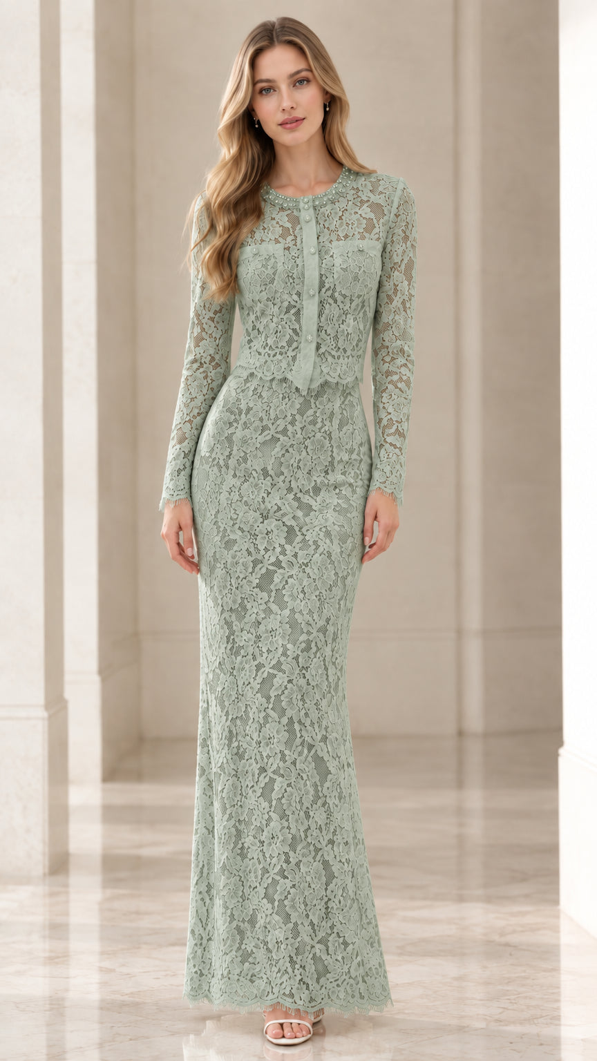 Full-length front view of sage green long sleeve lace evening gown