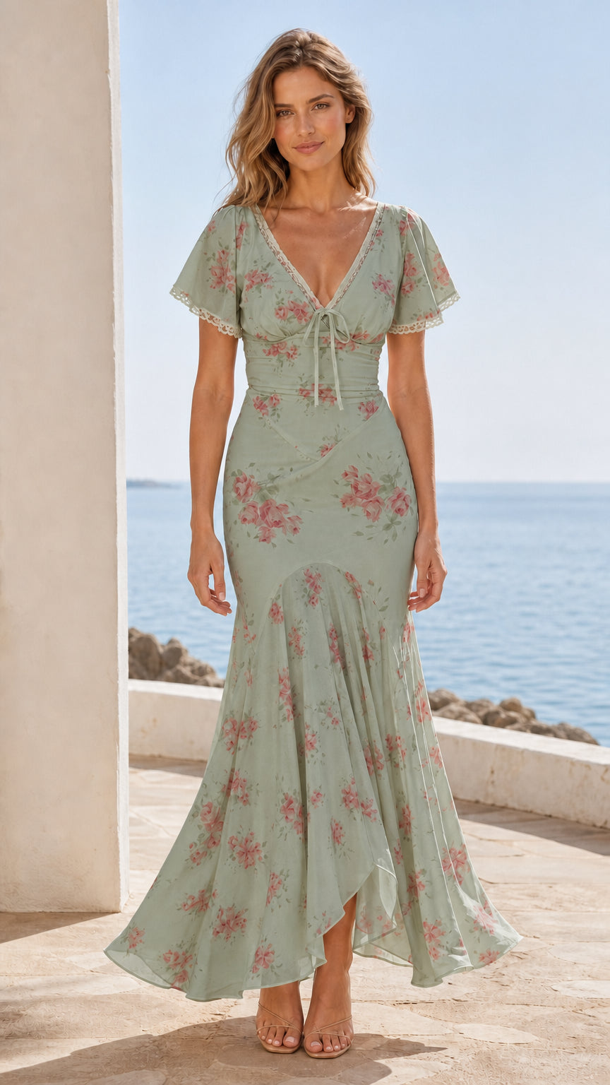 Front view of sage green floral maxi dress on model
