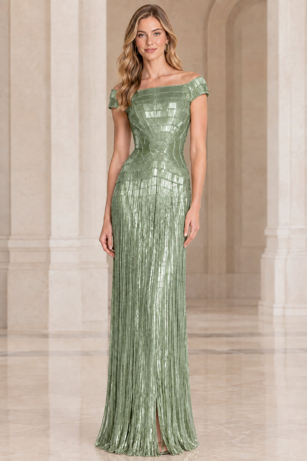 Front view of woman wearing sage green off-the-shoulder beaded maxi gown