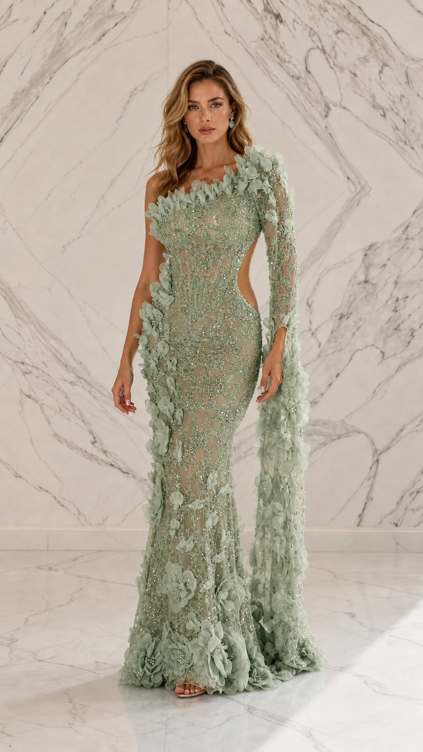 Sage green variant of one-shoulder floral cutout evening dress