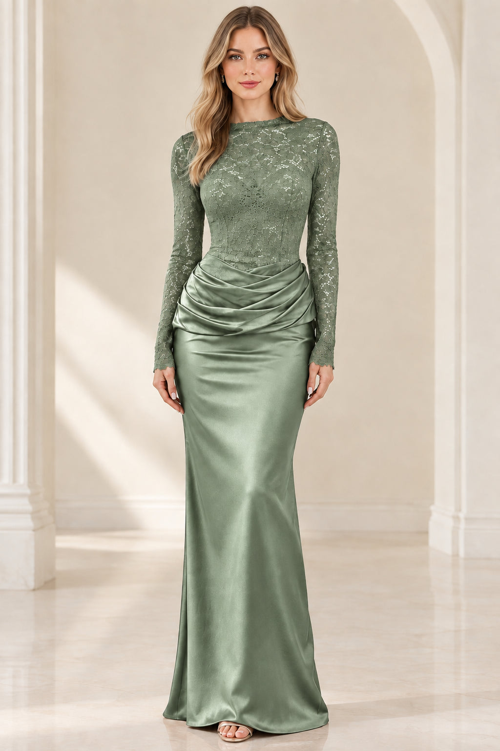 Front view of sage green long sleeve lace top ruched satin evening gown