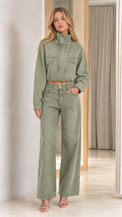Model wearing sage green washed cropped denim jacket and wide leg pants set