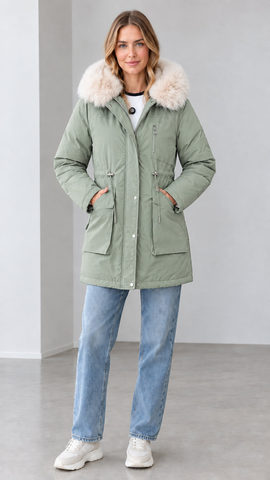 Front view of women's sage green mid-length hooded winter parka