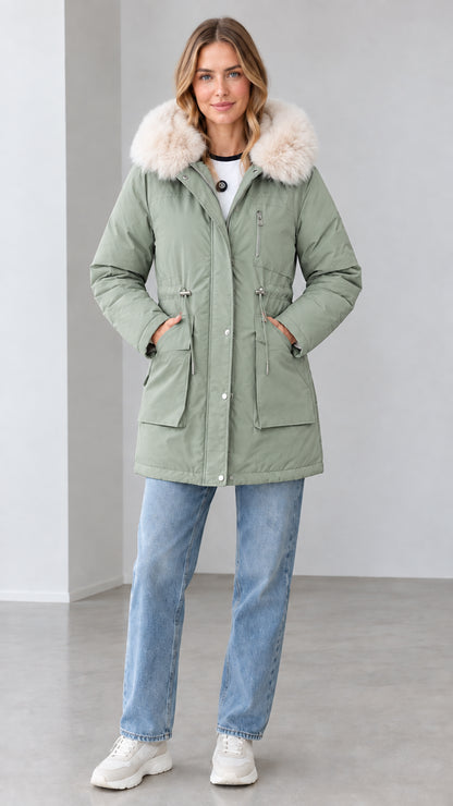 Front view of women's sage green mid-length hooded winter parka