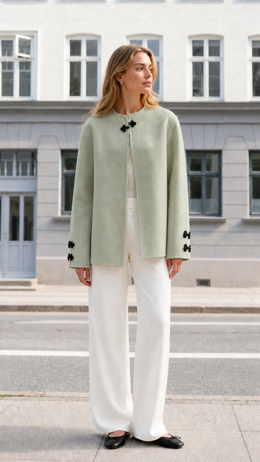 Front full view of woman wearing sage green collarless knot clasp jacket with white trousers