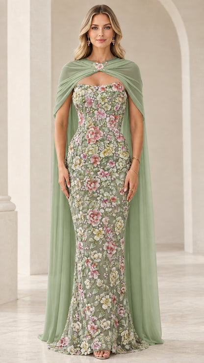 Sage green floral embroidered evening gown with sheer green capelet