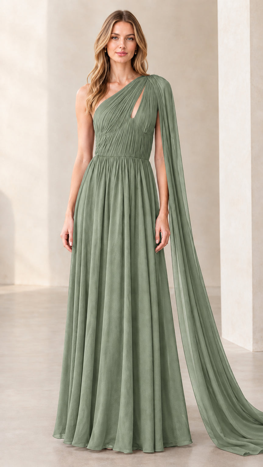 Sage green one-shoulder floor-length pleated cape gown