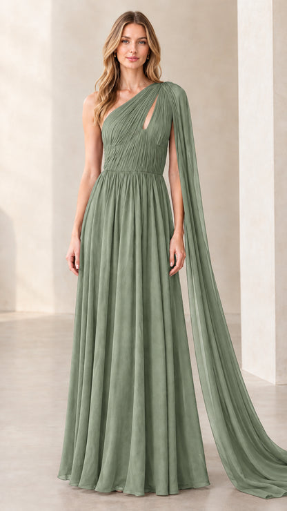 Sage green one-shoulder floor-length pleated cape gown