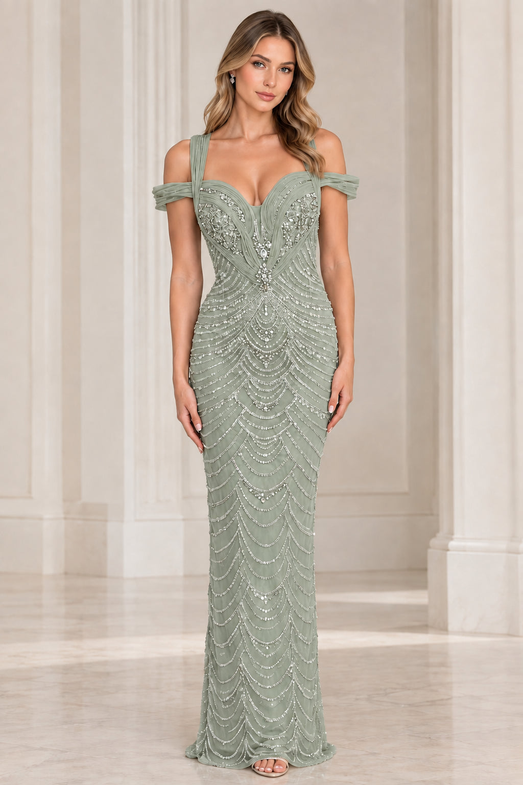 Sage green embellished off-the-shoulder formal maxi gown