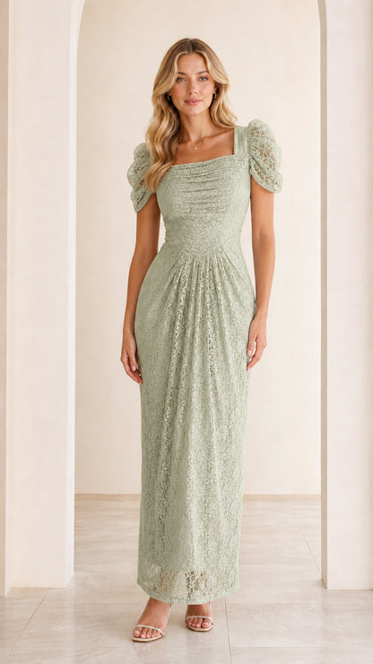 Sage Green square neck ruched lace bridesmaid maxi dress front view