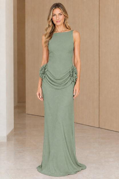 Front view of sage green elegant sleeveless evening dress with 3D flower accents