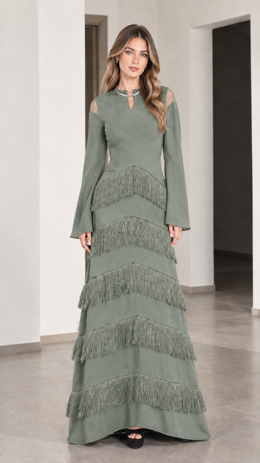 Front full view of Sage Green long sleeve tiered fringe maxi evening dress