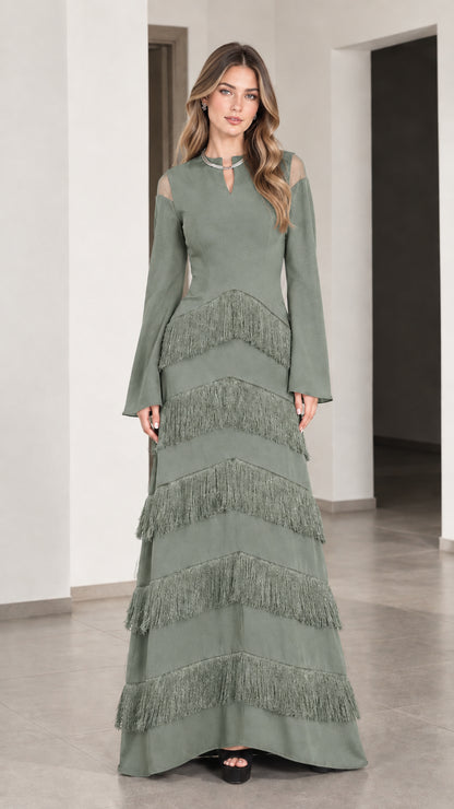 Front full view of Sage Green long sleeve tiered fringe maxi evening dress