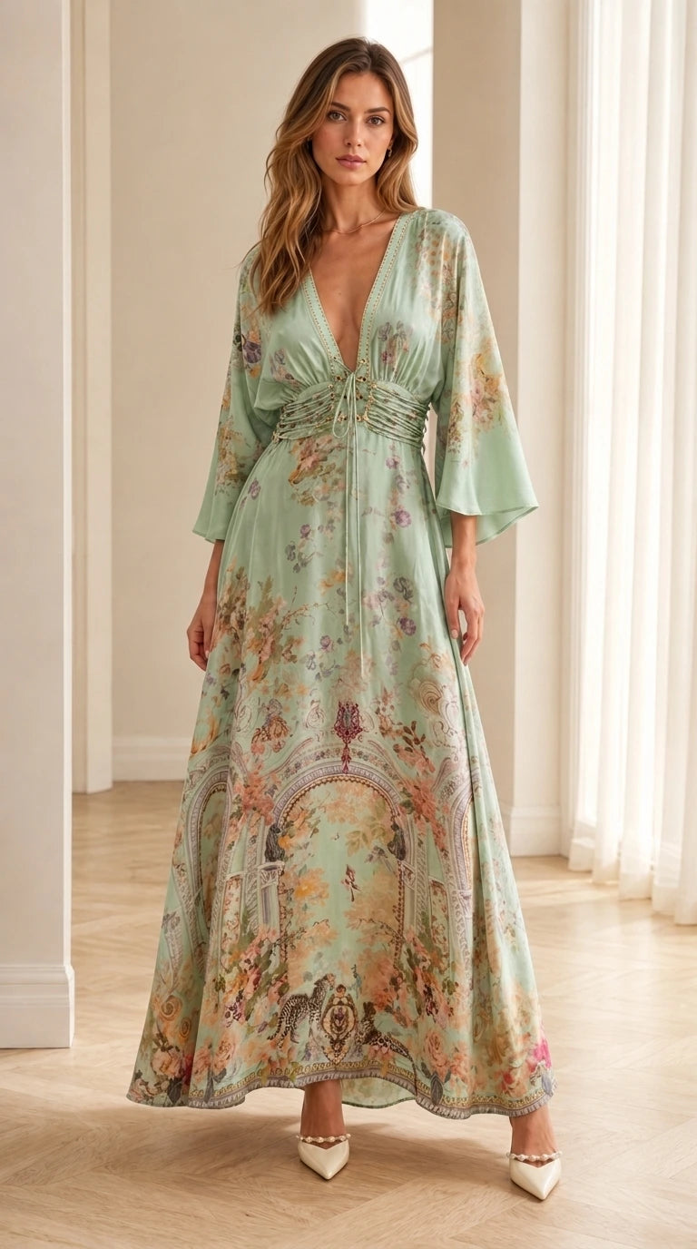Front view of sage floral bohemian maxi dress