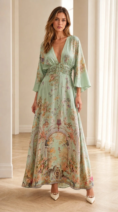 Front view of sage floral bohemian maxi dress