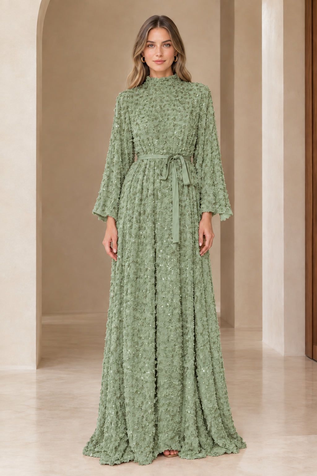 Front full view of sage green textured sequin mock neck maxi dress