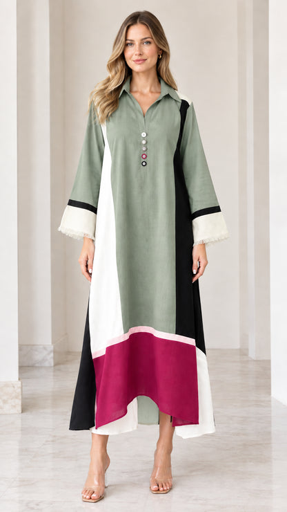 Front view of model wearing Sage Green color block collared maxi dress