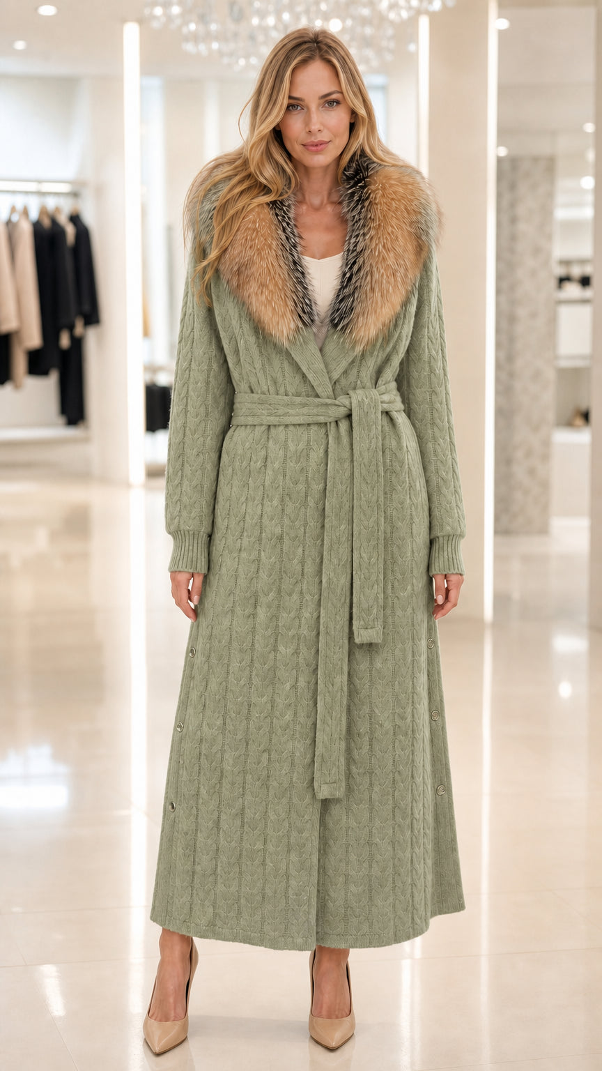 Front view of model wearing sage green cable knit belted maxi cardigan coat
