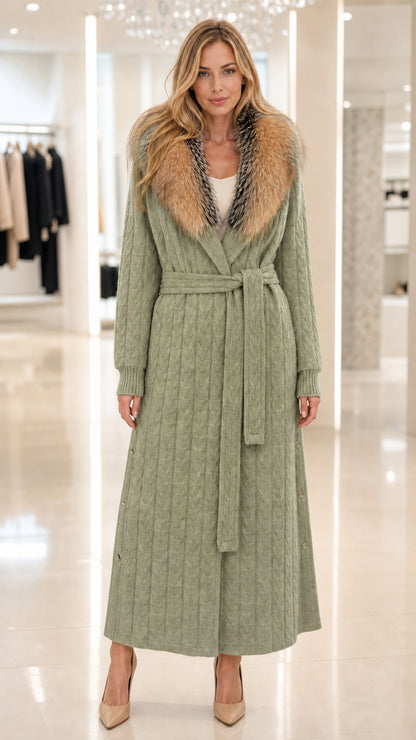 Front view of model wearing sage green cable knit belted maxi cardigan coat