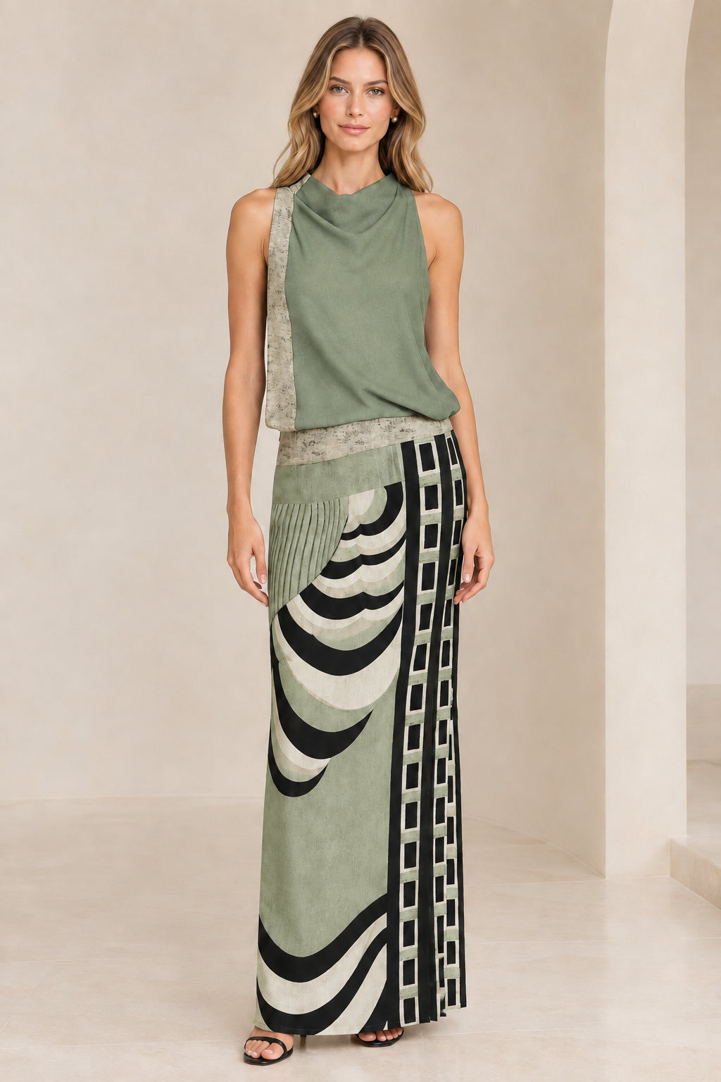 Front view of model wearing sage green abstract geometric print maxi dress