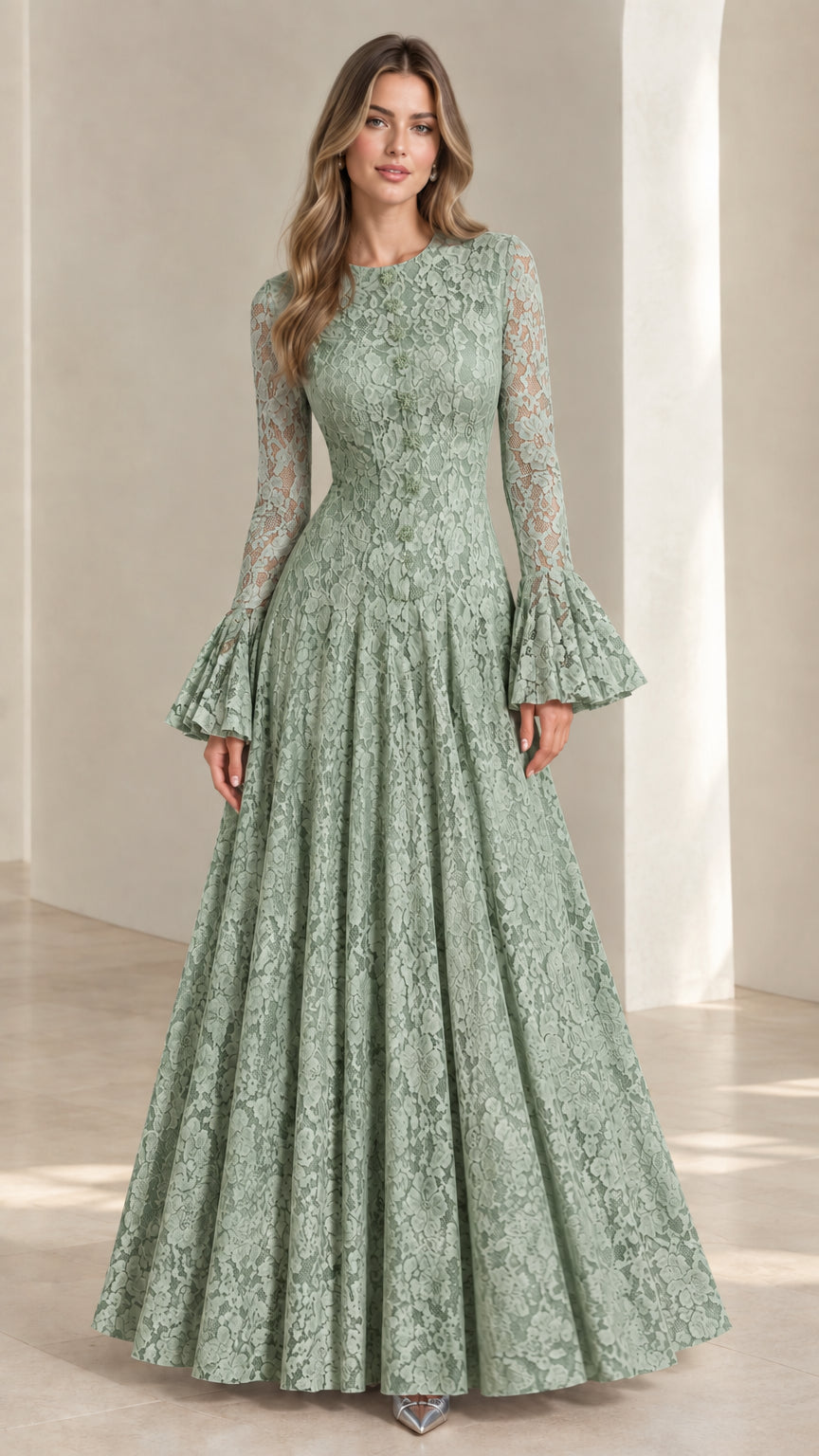 Full-length view of the Sage Green lace flared sleeve evening gown