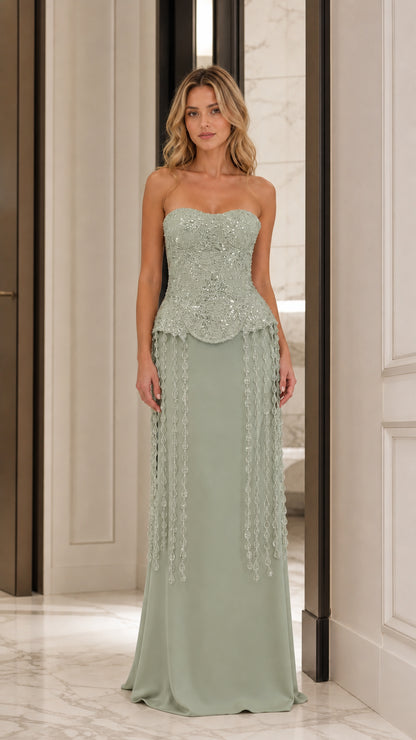 Sage green strapless formal gown with sequin bodice and beaded fringe