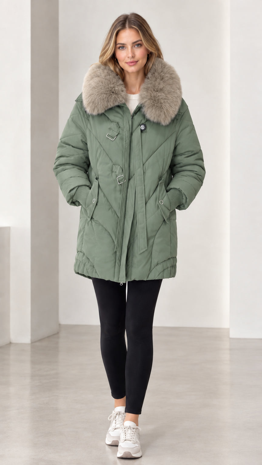Front full-length view of model wearing sage green faux fur collar quilted parka coat
