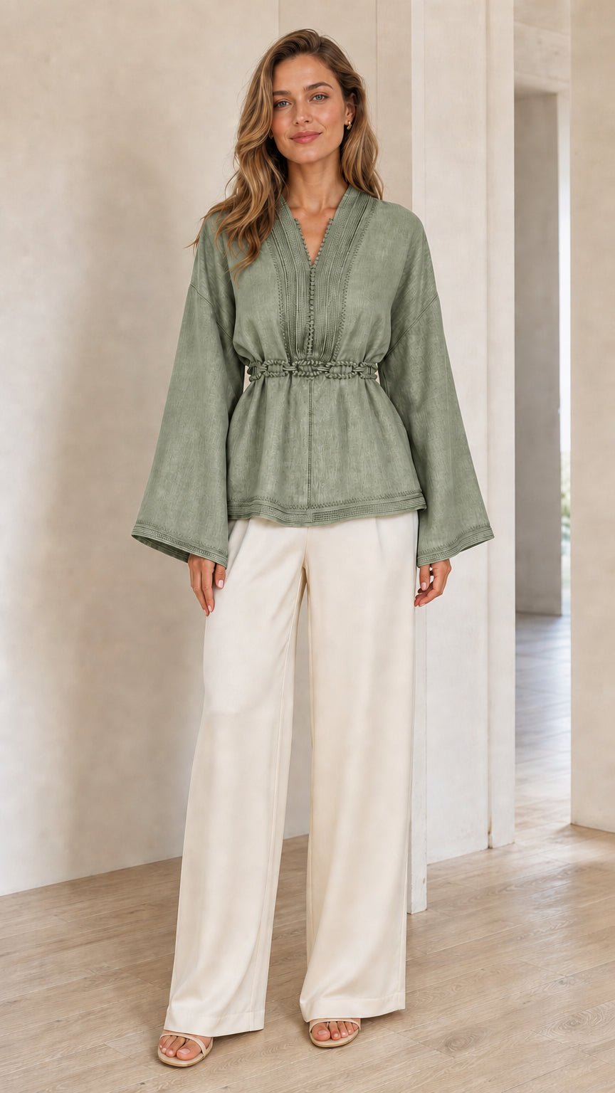Model wearing sage green textured V-neck blouse with flare sleeves