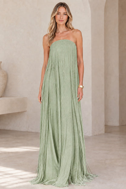 Full-length view of model wearing sage green strapless fringe maxi gown