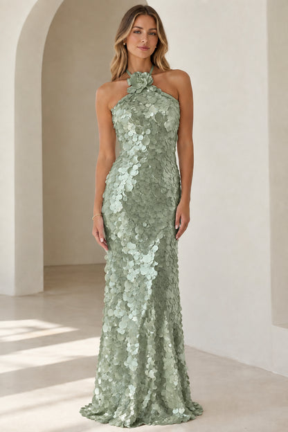 Front view of sage green floral halter sequin maxi dress