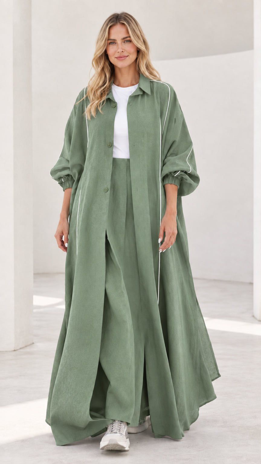 Woman wearing sage green lightweight maxi duster and wide leg pants set