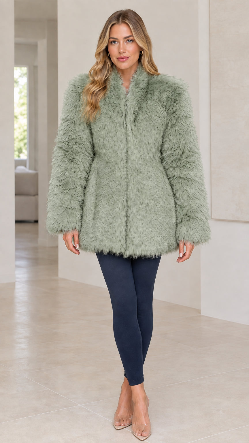Front view of model wearing a Sage Green shaggy faux fur coat