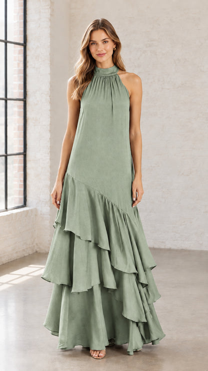 Front view of sage green halter neck tiered ruffle maxi dress