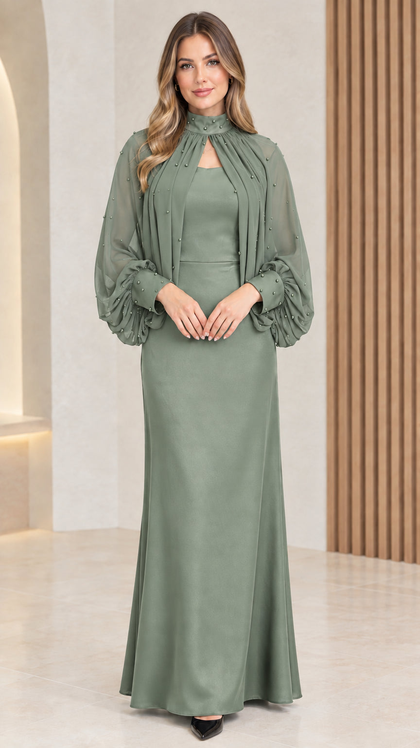 Front view of sage green cape overlay formal maxi dress