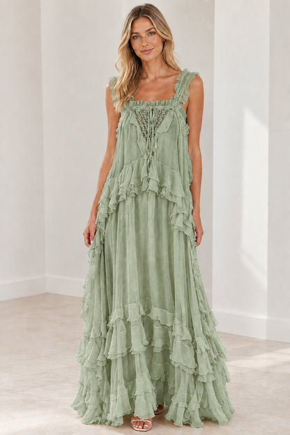 Model wearing sage green tiered ruffle sleeveless maxi dress