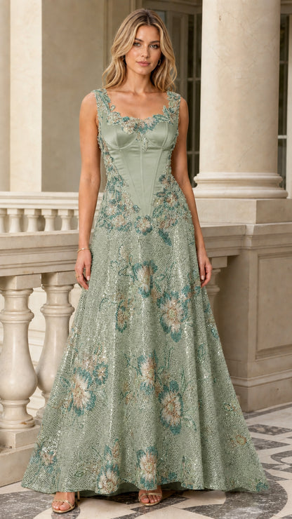 Sage Green floral embroidered corset bodice sequin evening gown front view