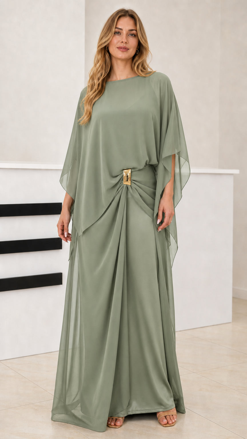 Sage Green draped capelet floor-length evening gown