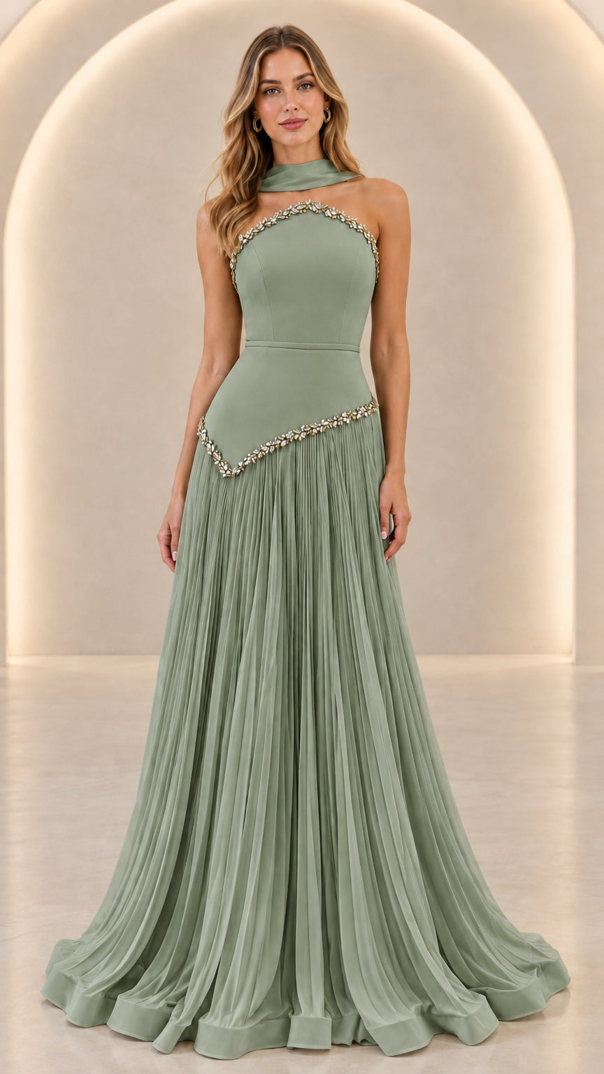 Sage Green Embellished Halter Pleated Maxi Evening Gown