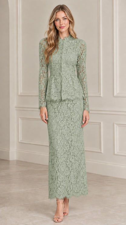 Front view of model wearing Sage Green floral lace peplum maxi dress