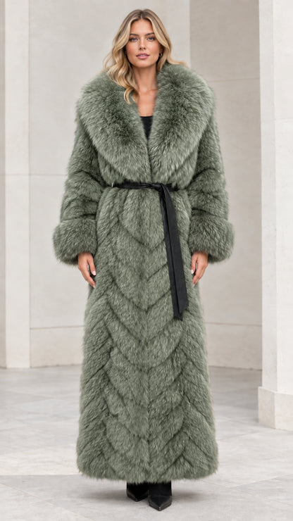 Front view of sage green chevron faux fur maxi coat with tie belt