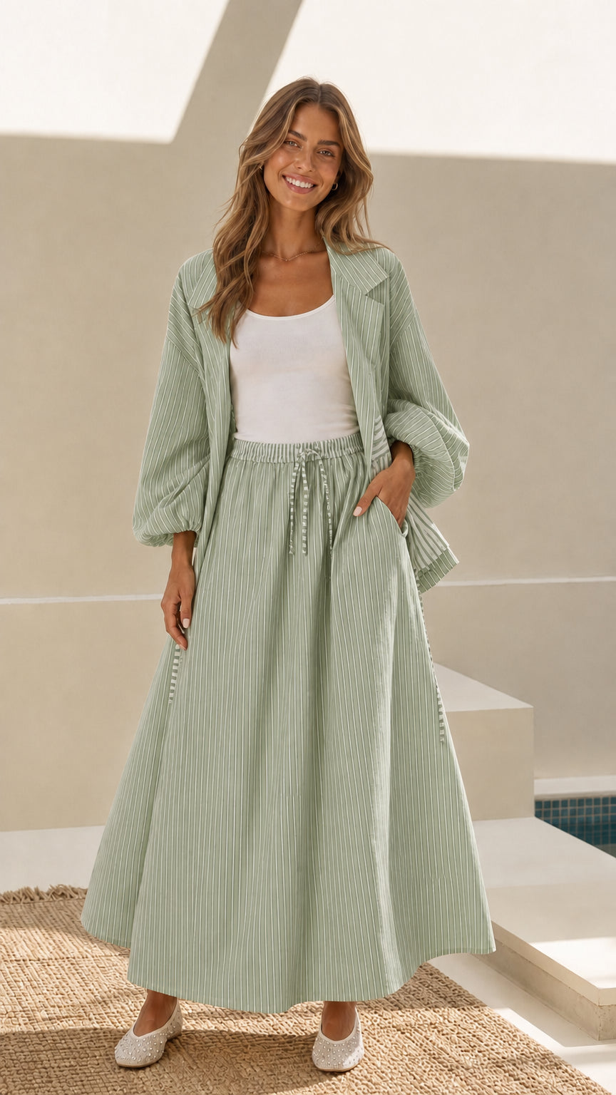 Model wearing sage green striped open-front jacket and maxi skirt set