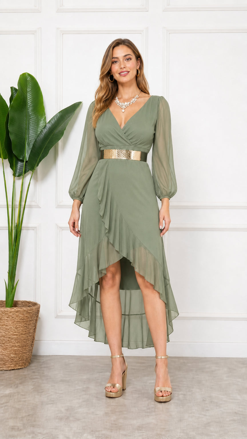 Sage Green long sleeve ruffled high-low cocktail dress